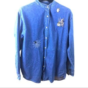 Halloween Denim Blue Jean Shirt L Ghosts Witches Spider